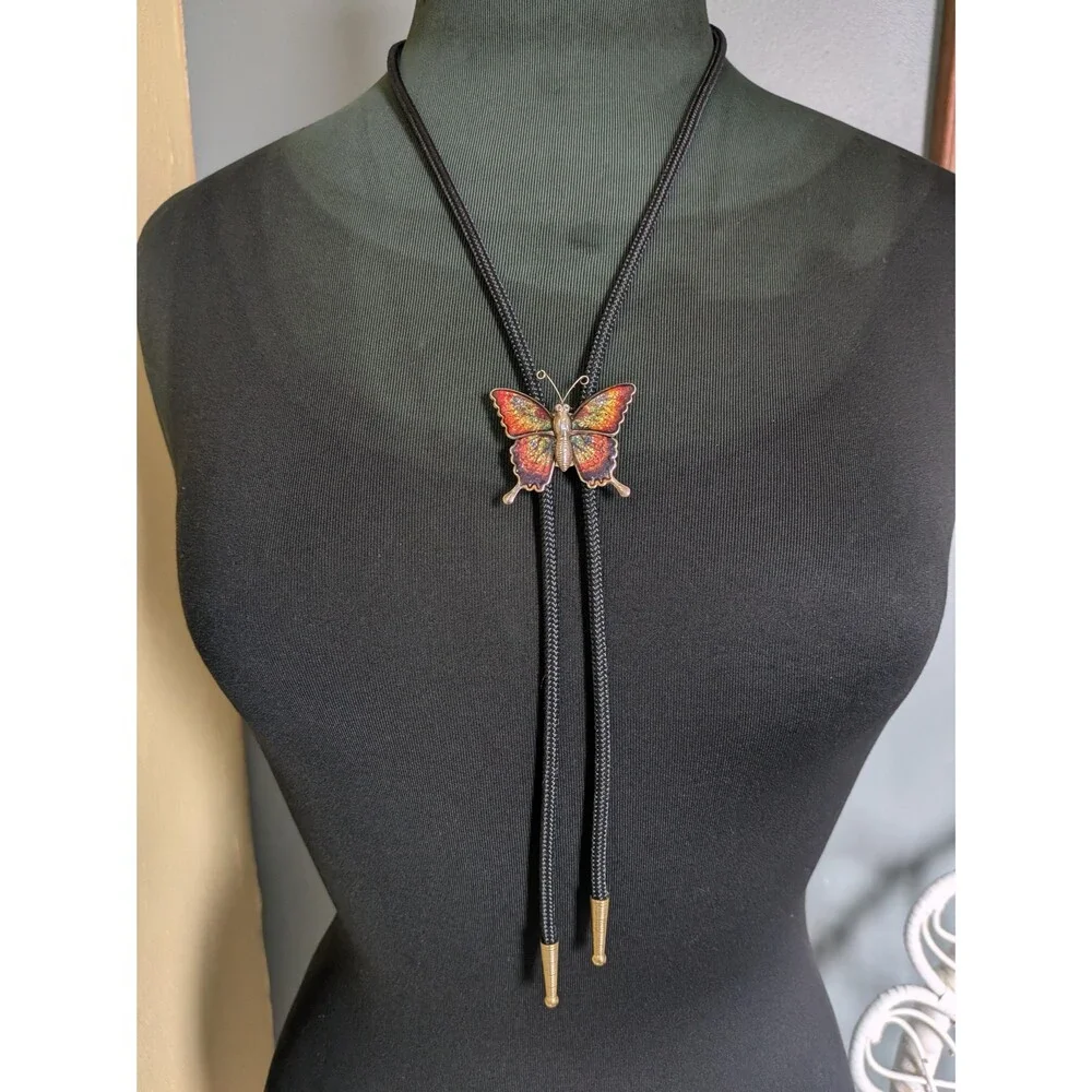 Handcrafted Stamped Metal Butterfly Bolo Tie, Butterfly Western Necklace